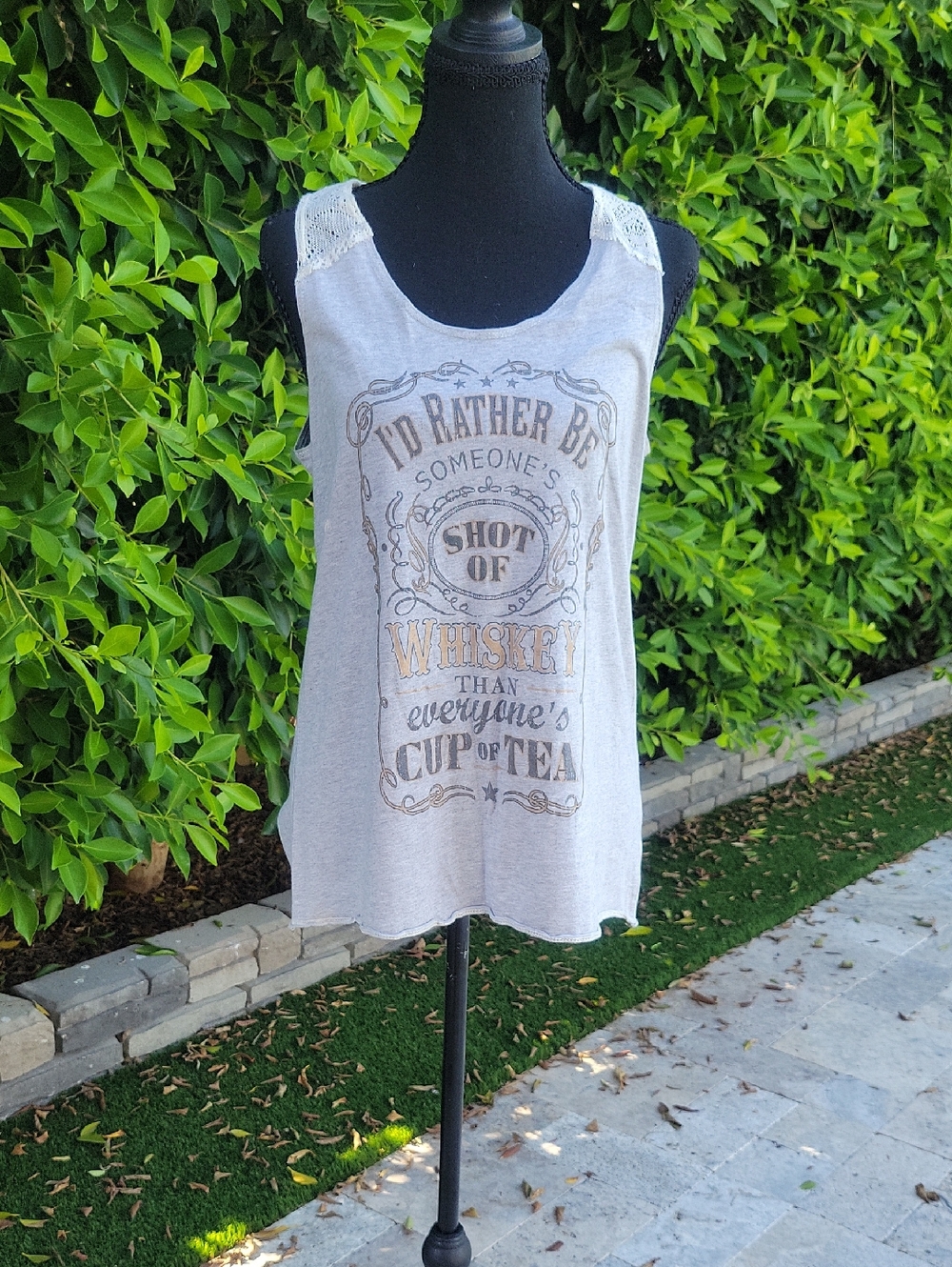 Maurices Gray Tank Top with Playful Print & Crochet Back XL
